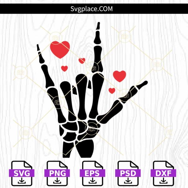 keleton love hand SVG, Skeleton Rock hand with love hearts SVG, Valentine Rock Hand svg