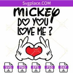 Mickey Do you Love me SVG, Mickey Hands Love Sign SVG, Disney Valentine SVG, Disneyland SVG, Mickey Mouse Valentine’s Day SVG, Funny Valentines Svg, Valentine’s Day Shirt SVG      Welcome to SVG Place. We design trendy and personalized files for all your crafting needs. This purchase involves a downloadable file and not a physical product. The digital files enclosed include and SVG, PNG, PSD, EPS and DXF. SVG –Silhouette, Cricut Explore, Corel Draw, Inkspace etc. DXF –Silhouette EPS – Adobe Illustrator, Corel Draw, Inkspace PSD– Ideal for Photoshop PNG – Transparent background -300 dpi quality These files are ready use with a number of software. For instance, the SVG file is ready to use with cricut and silhouette among others. Use the files to make awesome projects such as shirts, tumblers, vinyl, car décor, sublimation, paper cuts, engraving and more. How to Purchase: Simply add the items you want to the cart and checkout. After payment, the downloadable file will be available on the page and mailed to the provided email. Copyright: Do not share on resell the files in their digital formats online. Physical products can be sold both in shops and in online stores. Notes: The product sold is intangible and thus refund is not possible once the files are downloaded. We do custom orders. Visit our contact page or social pages and send your request. Let us know of any other query not covered here through our contact page. We hope you love creating as much as we do. Cheers.